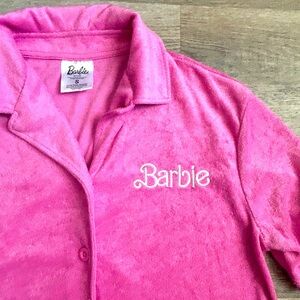 Barbie Top Womens Terry Cloth Button Up Short Sleeve Crop Halloween Size S NWOT